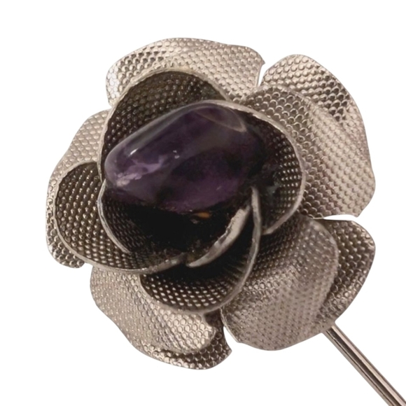 AMETHYST ROSE Silver Vintage Stick Pin 1950 Retro Classic - Picture 2 of 7